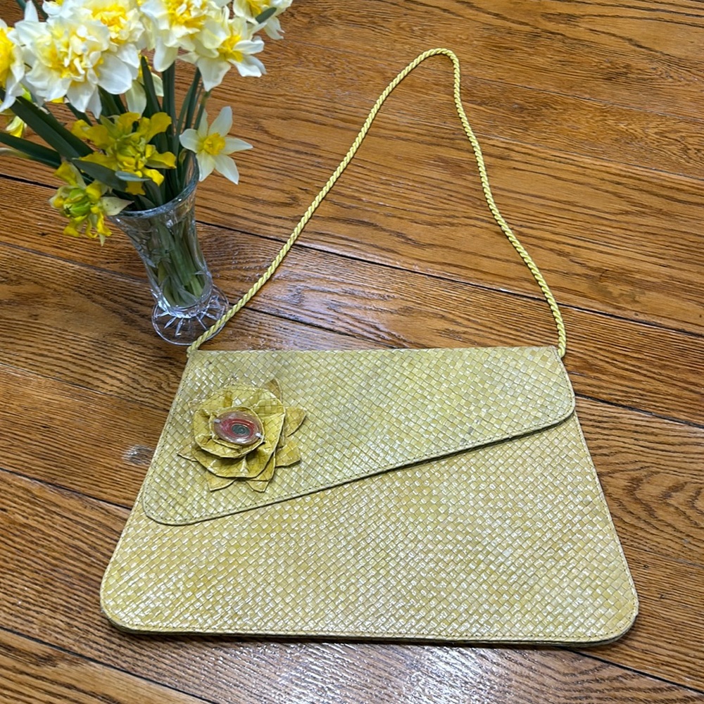 Valerie vintage Straw shoulder bag. Yellow. Made in Philippines.  Cord handle.